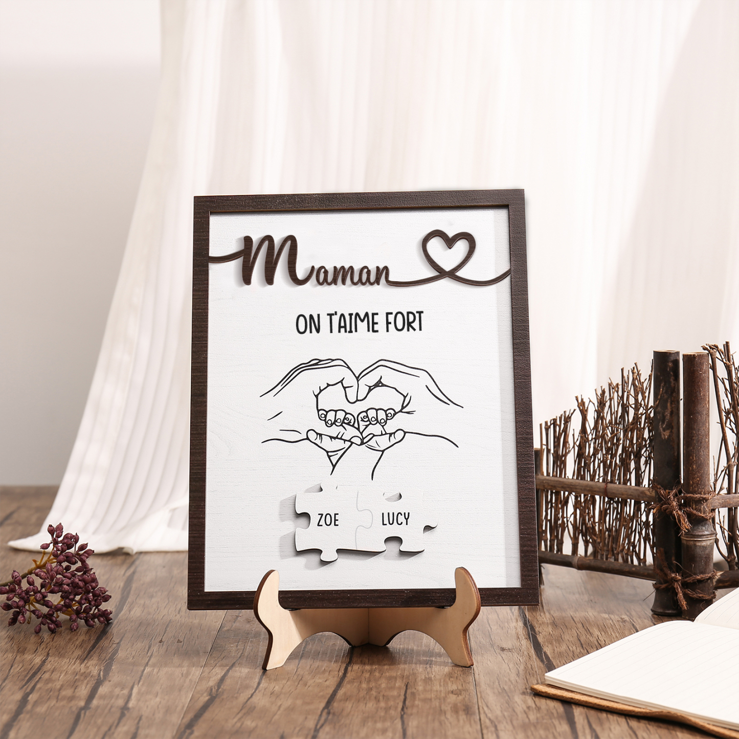 À Maman - Décoration en bois Mains et Puzzles 2 Prénoms et 1 Texte Personnalisés Ornement Famille