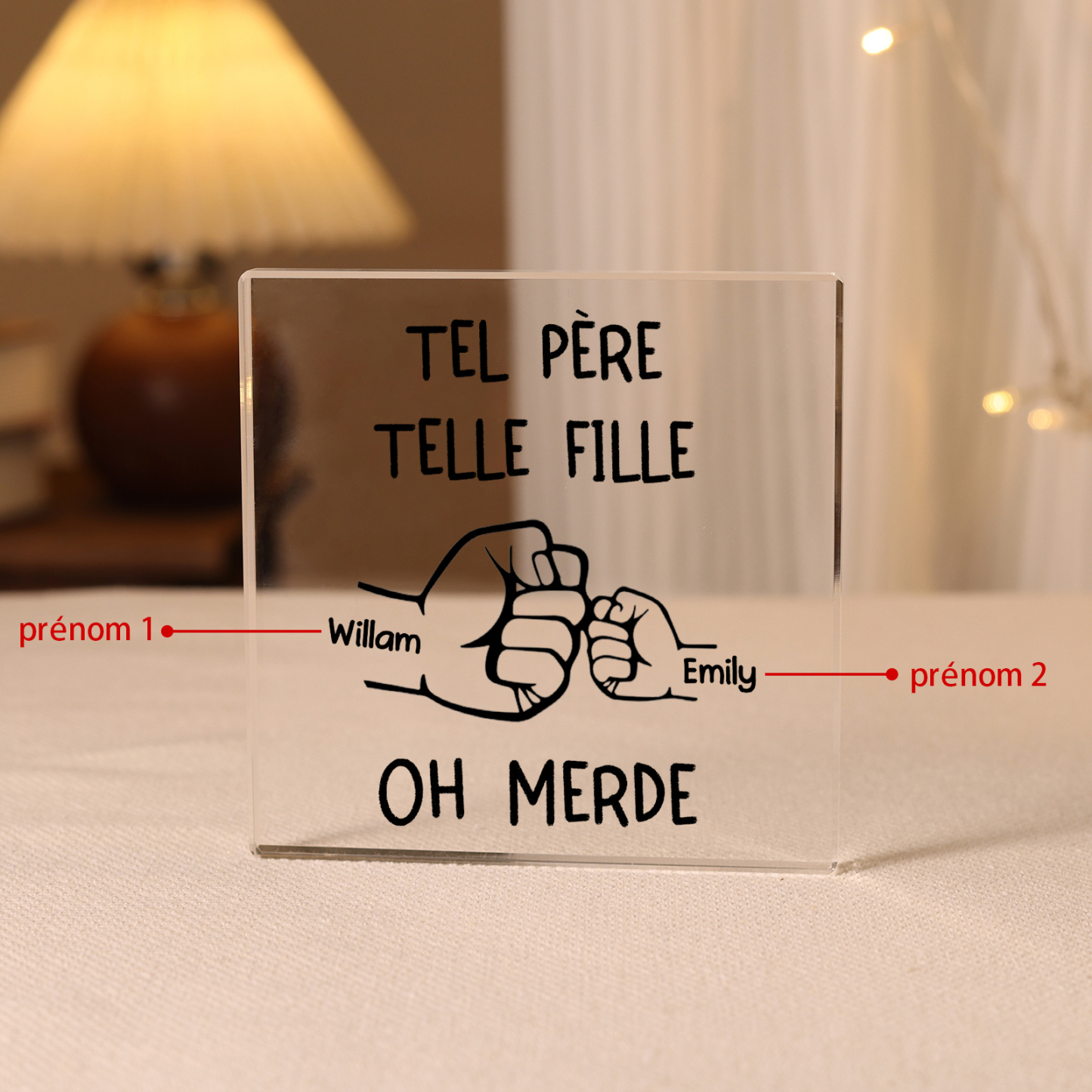 Plaque Acrylique Carrée 2 Prénoms Personnalisés Poings Père et Fille