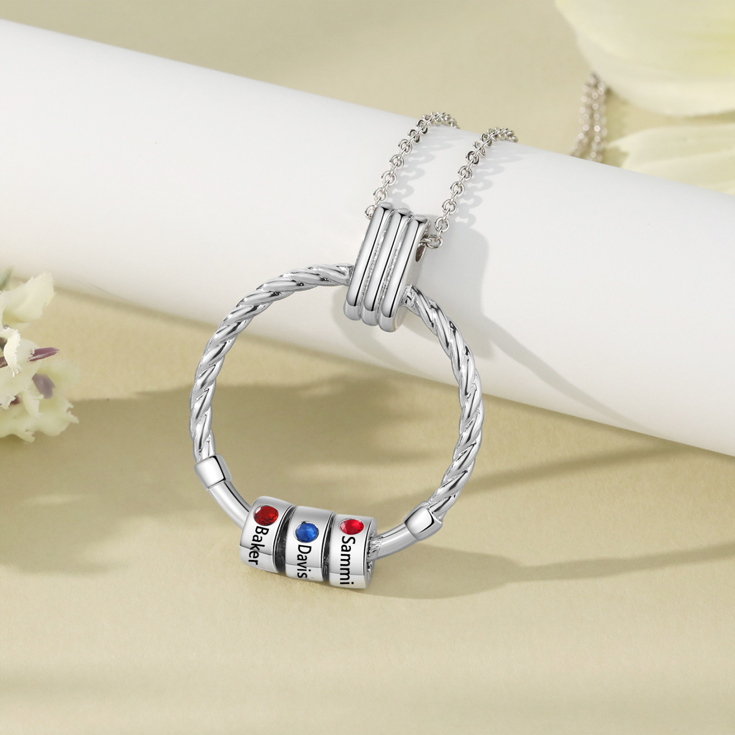Collier Pendentif 3 Prénoms et Perles Personnalisés avec Pierres de Naissance Collier Femmes