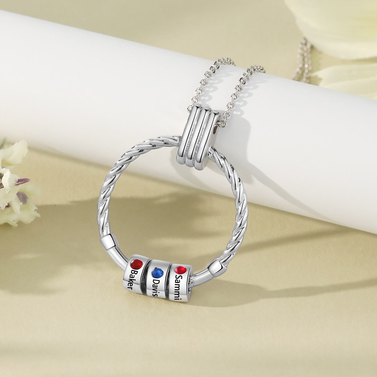 Collier Pendentif 3 Prénoms et Perles Personnalisés avec Pierres de Naissance Collier Femmes