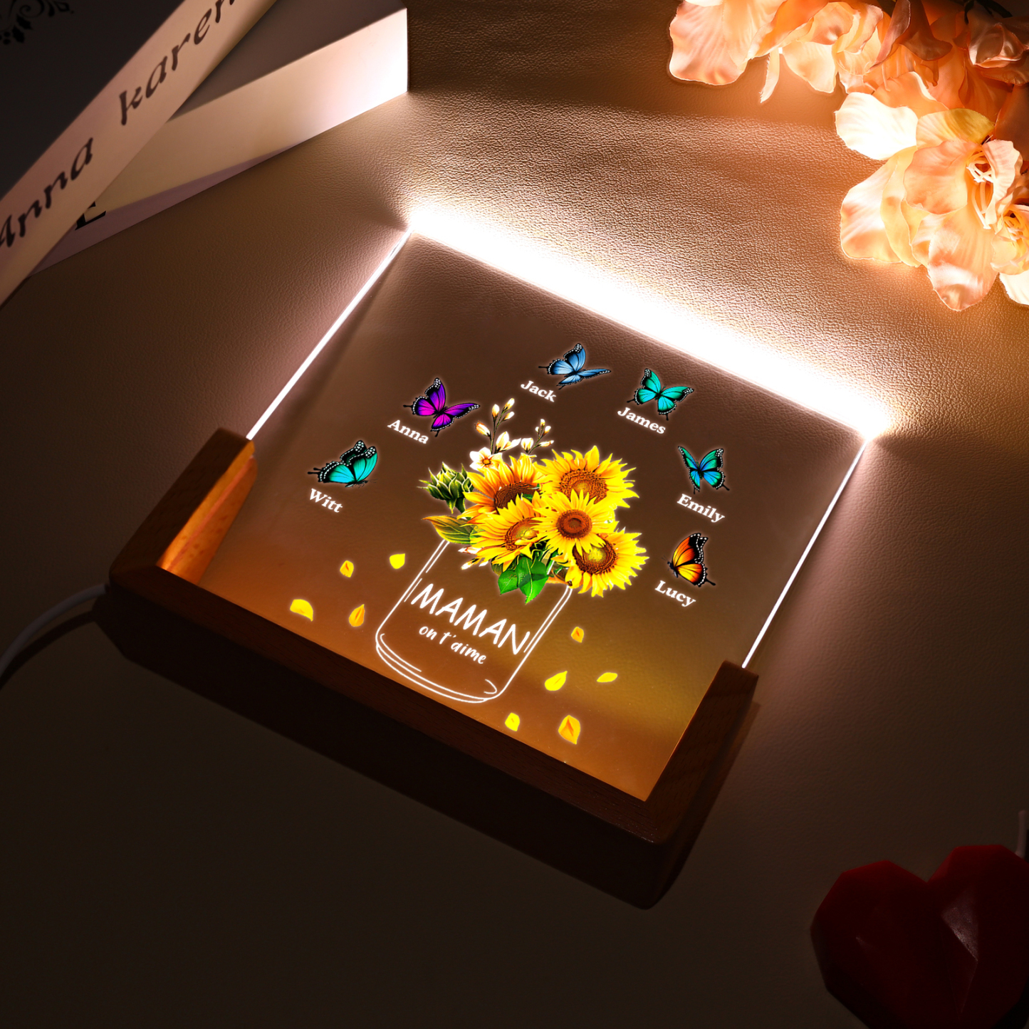 À Maman/Mamie - Lampe de chevet LED Tournesol 6 Prénoms Personnalisés avec 2 Textes pour Famille