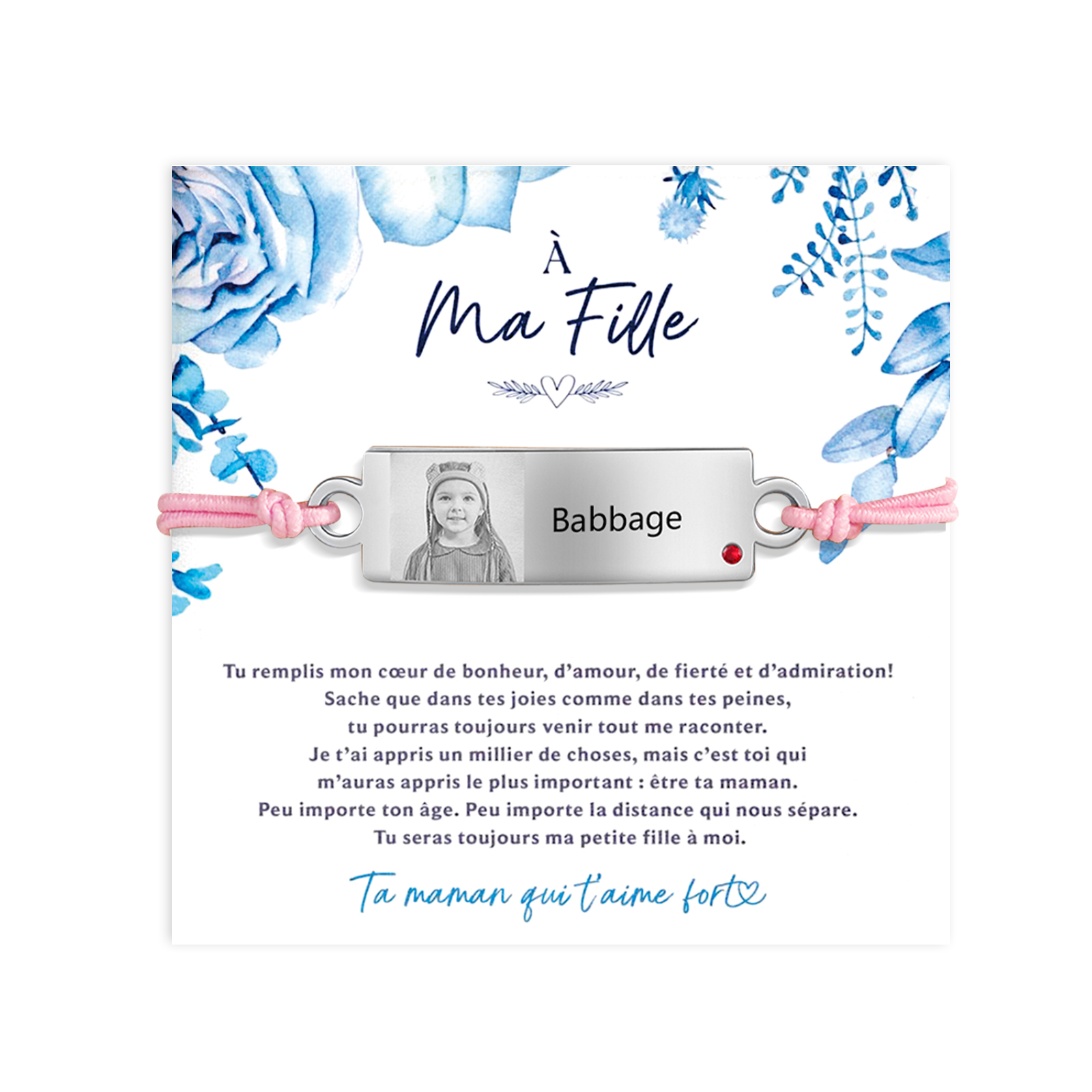 À Ma Fille - Bracelet Prénom et Photo Personnalisés avec Pierre de Naissance Corde élastiques - Cadeau Rentrée Scolaire