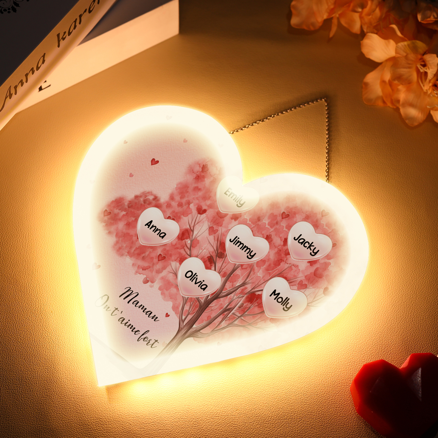 À Maman/Mamie - Veilleuse Cœur Arbre Décoration 6 Prénoms Personnalisés avec 1 Texte