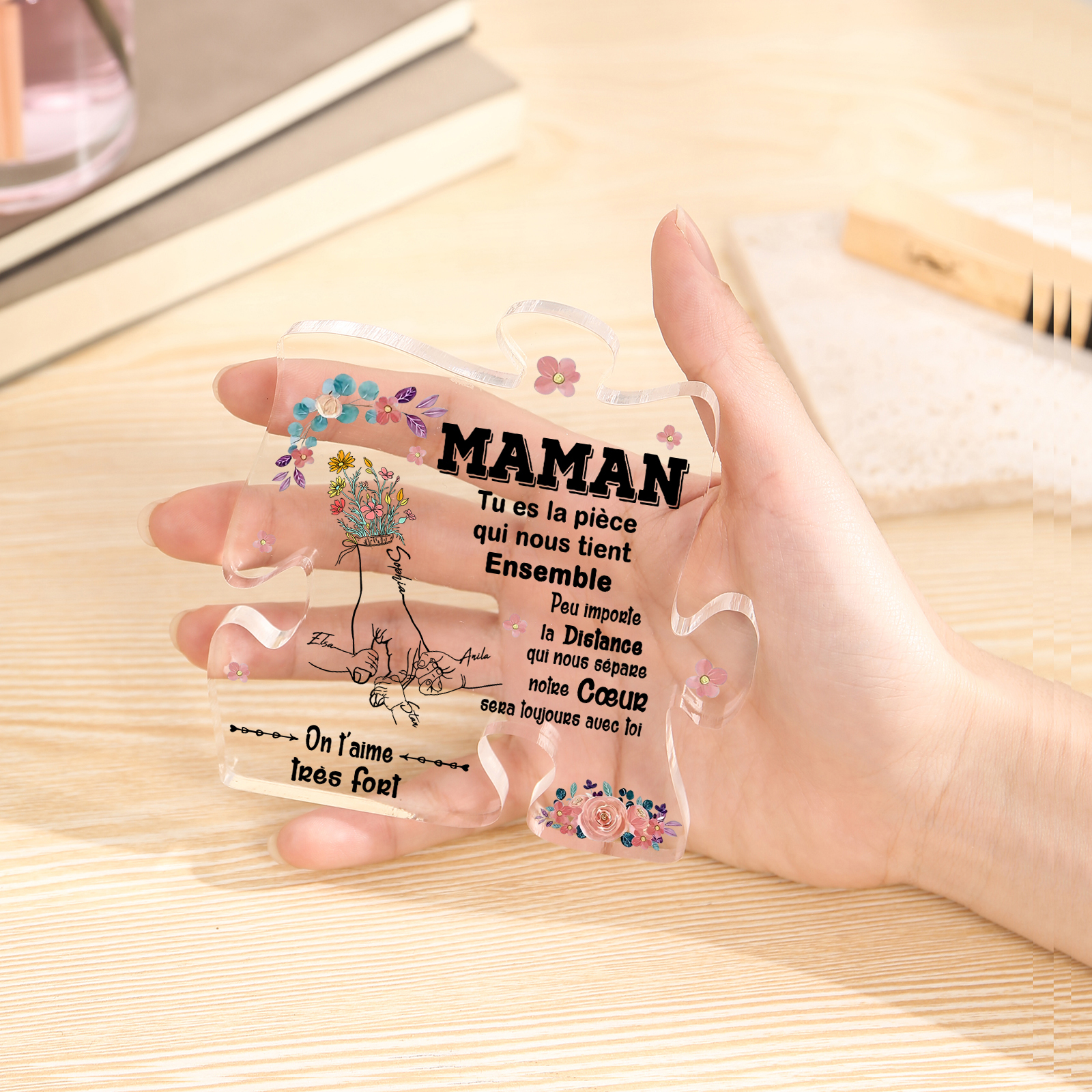 À ma Maman - Plaque Acrylique en forme de Puzzle 4 Prénoms Personnalisés la Main dans la Main cadeau pour femme anniversaire | Jessemade