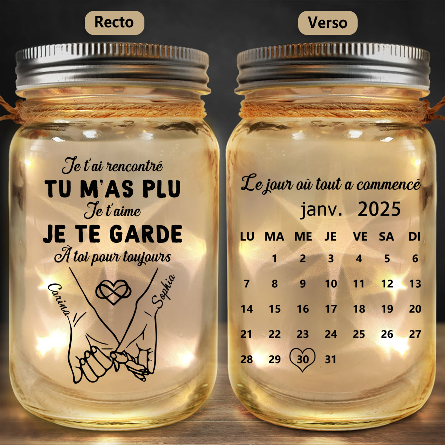 Bouteille Lumineuse Personnalisé – Bocal lumineux Solaire Couple « promesse du petit doigt »