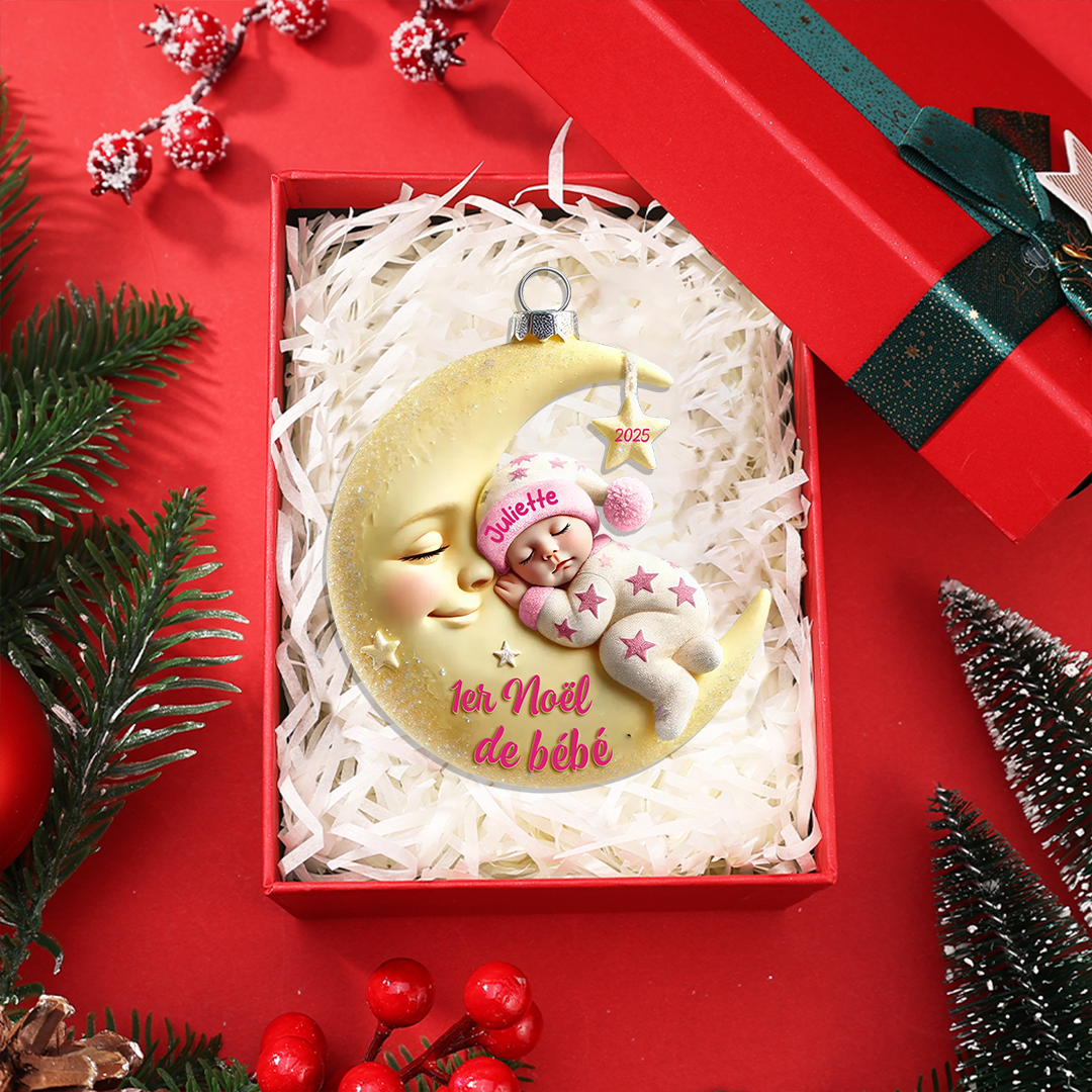 Décoration Sapin Noël en Acrylique Bébé sur la Lune - Premier Noël de Bébé (2D à plat, non 3D)