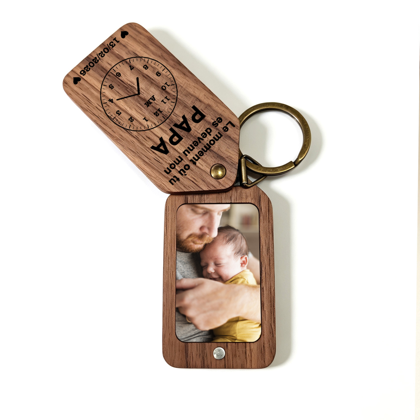 Porte-Clés en Bois Personnalisé avec Photo et Date pour Papa/Papi
