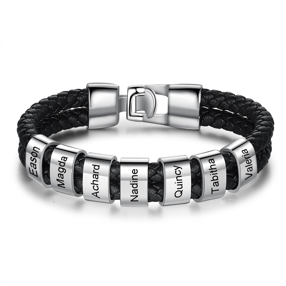 Bracelet Cuir tressé 7 Perles Prénom Personnalisé Homme