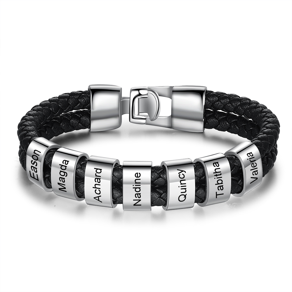 Bracelet Cuir tressé 7 Perles Prénom Personnalisé Homme