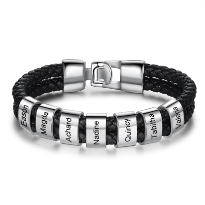 Bracelet Cuir tressé 7 Perles Prénom Personnalisé Homme