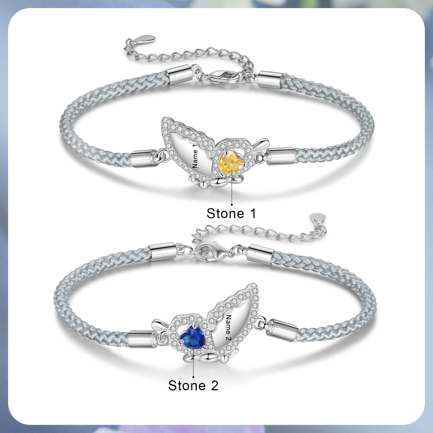 2PCS Bracelets Papillon Bracelet en Commun 2 Prénoms Personnalisées avec 2 Pierres de naissance｜Jessemade