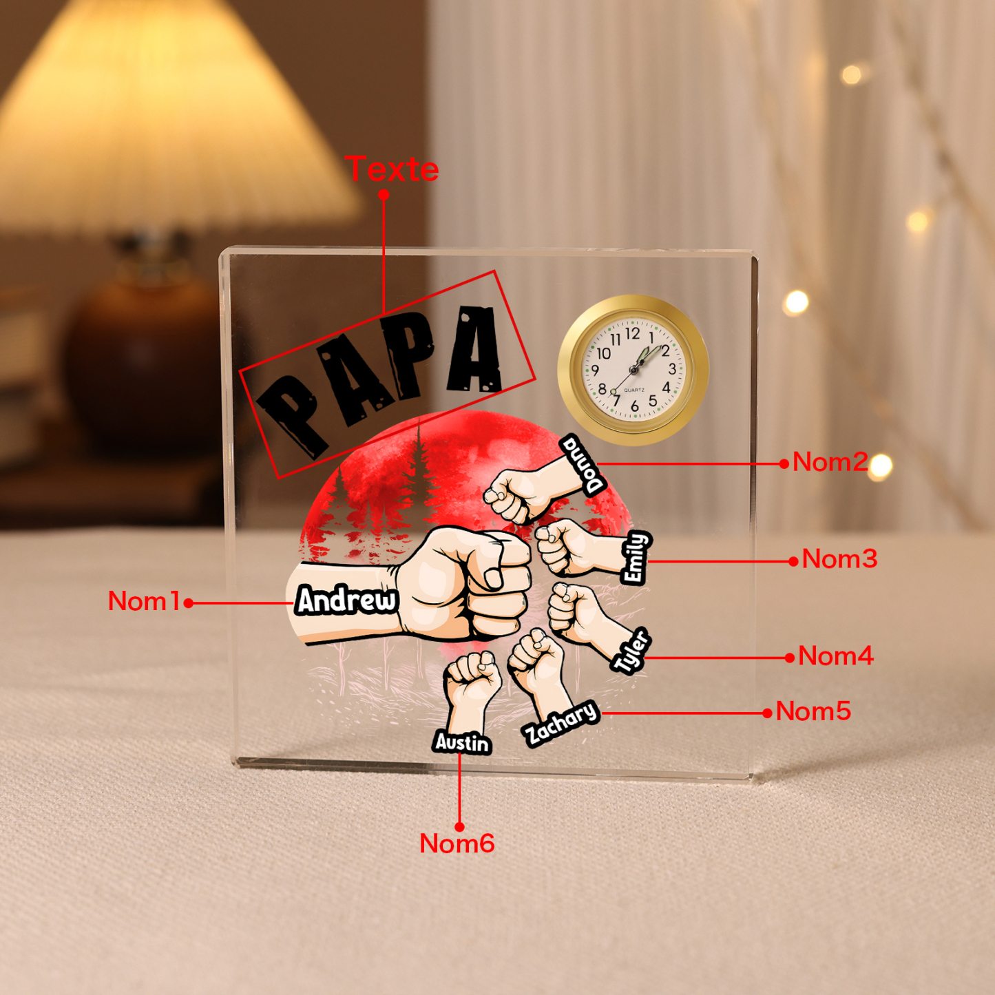 À Papa/Papi - Plaque Acrylique Poings Carré avec Horloge 6 Prénoms et 1 Texte Personnalisés