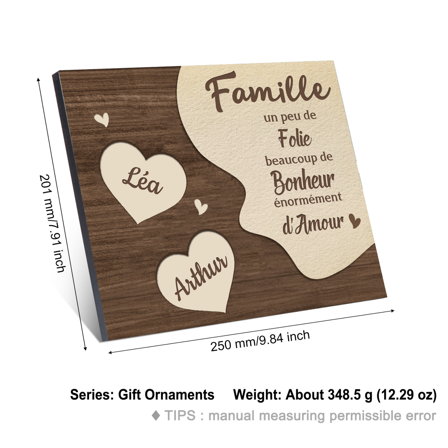 Cadre en Bois Cœur 2 Prénoms Personnalisés pour Famille