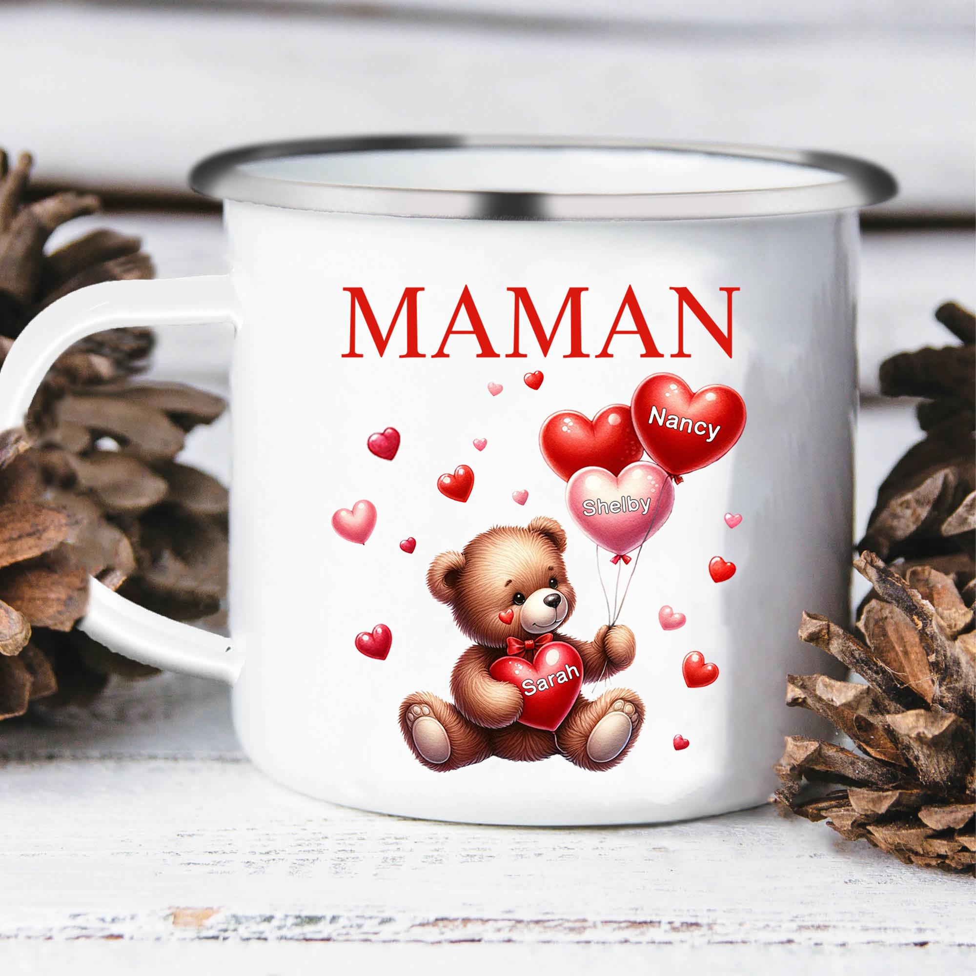 À Maman/Mamie - Tasse émaillée Ours 3 Prénoms Personnalisés