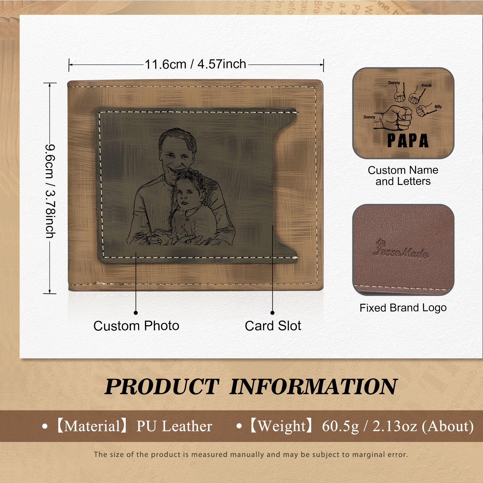 À mon Papa - Portefeuille Poings 4 Prénoms Personnalisés avec Photo Classique Homme Porte-Monnaie Carte