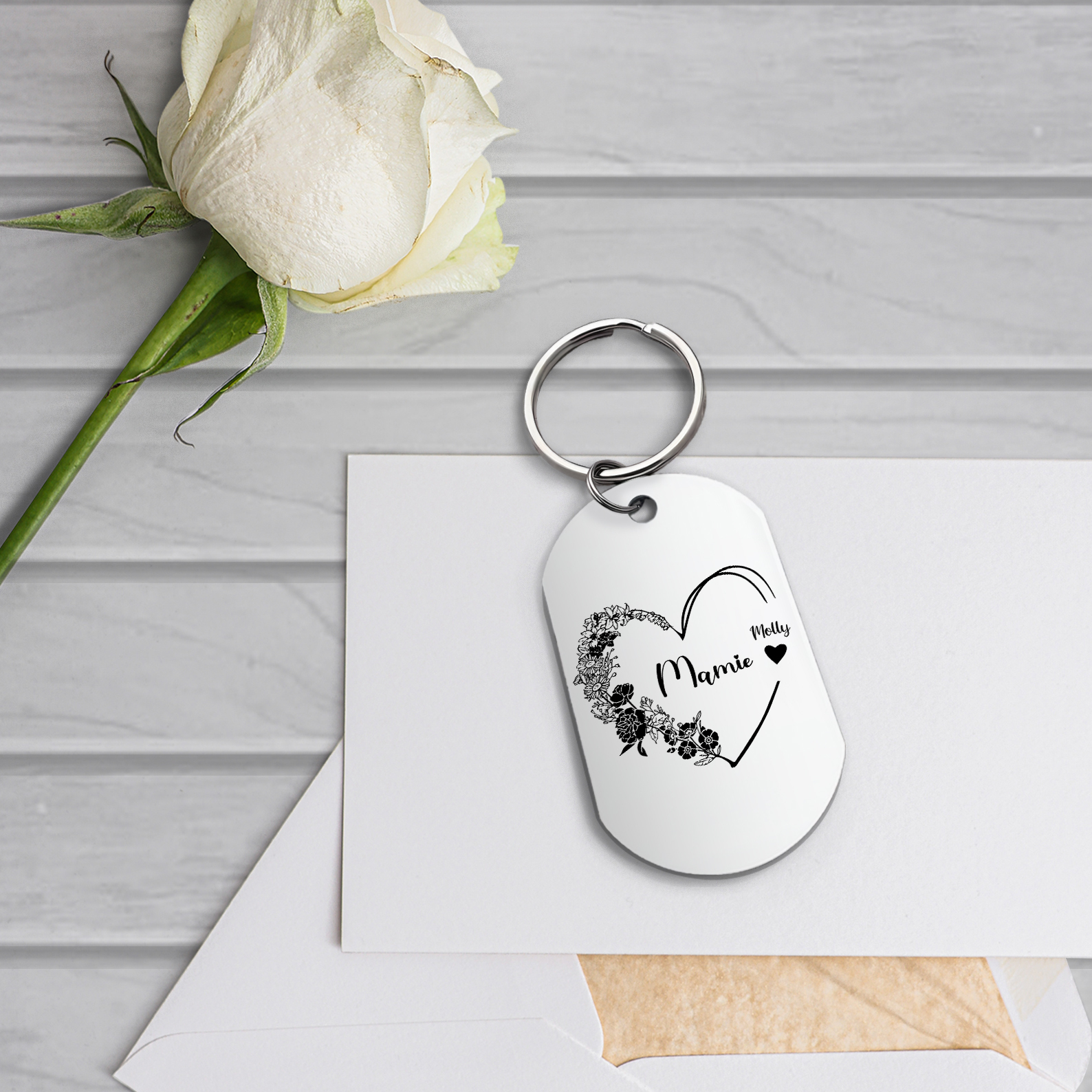 À Ma Mamie - Porte-Clés Fleur et Cœur 1-6 Noms Personnalisés