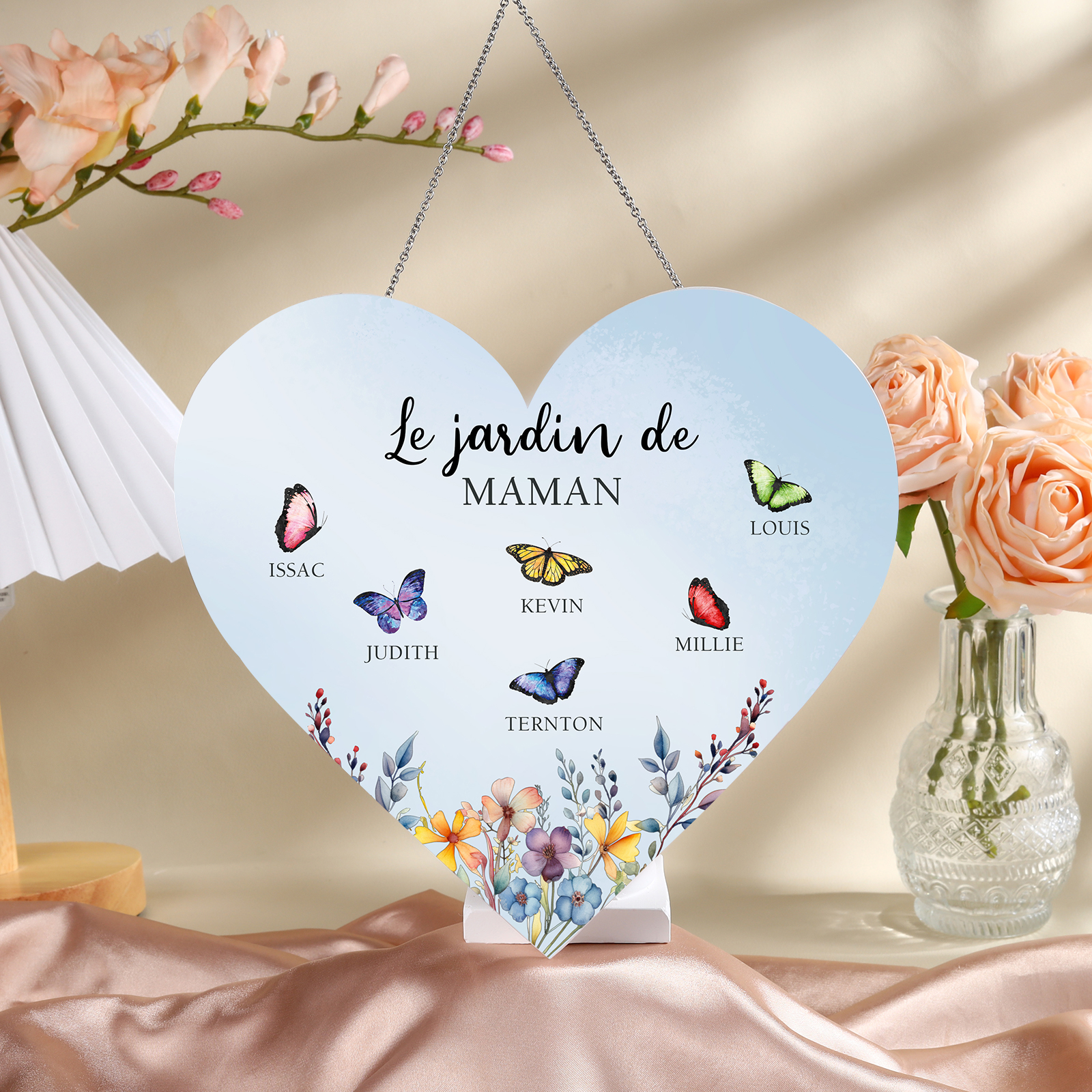 À Maman/Mamie - Veilleuse Cœur Décoration Fleur et Papillon 6 Prénoms Personnalisés avec 1 Texte