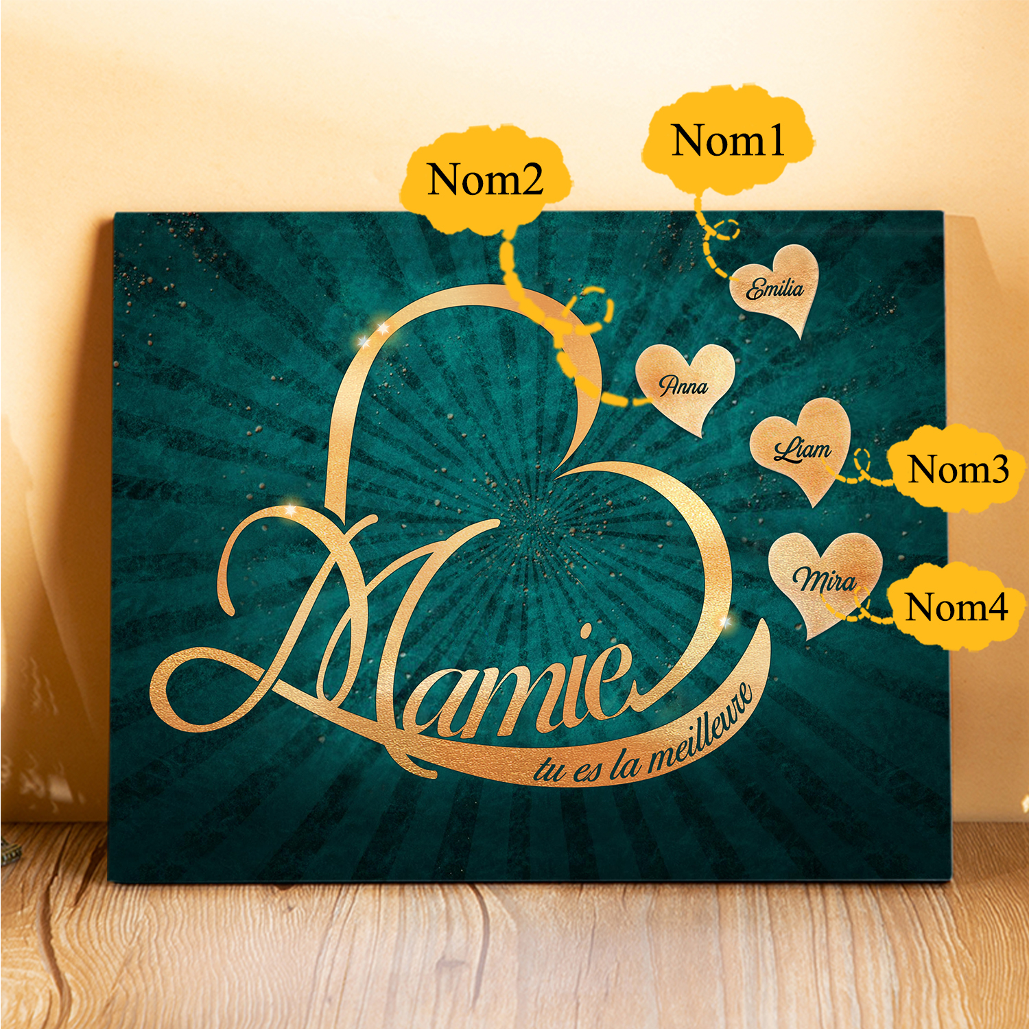 À ma Mamie - Cadre en Bois Cœur 1-6 Prénoms Personnalisés