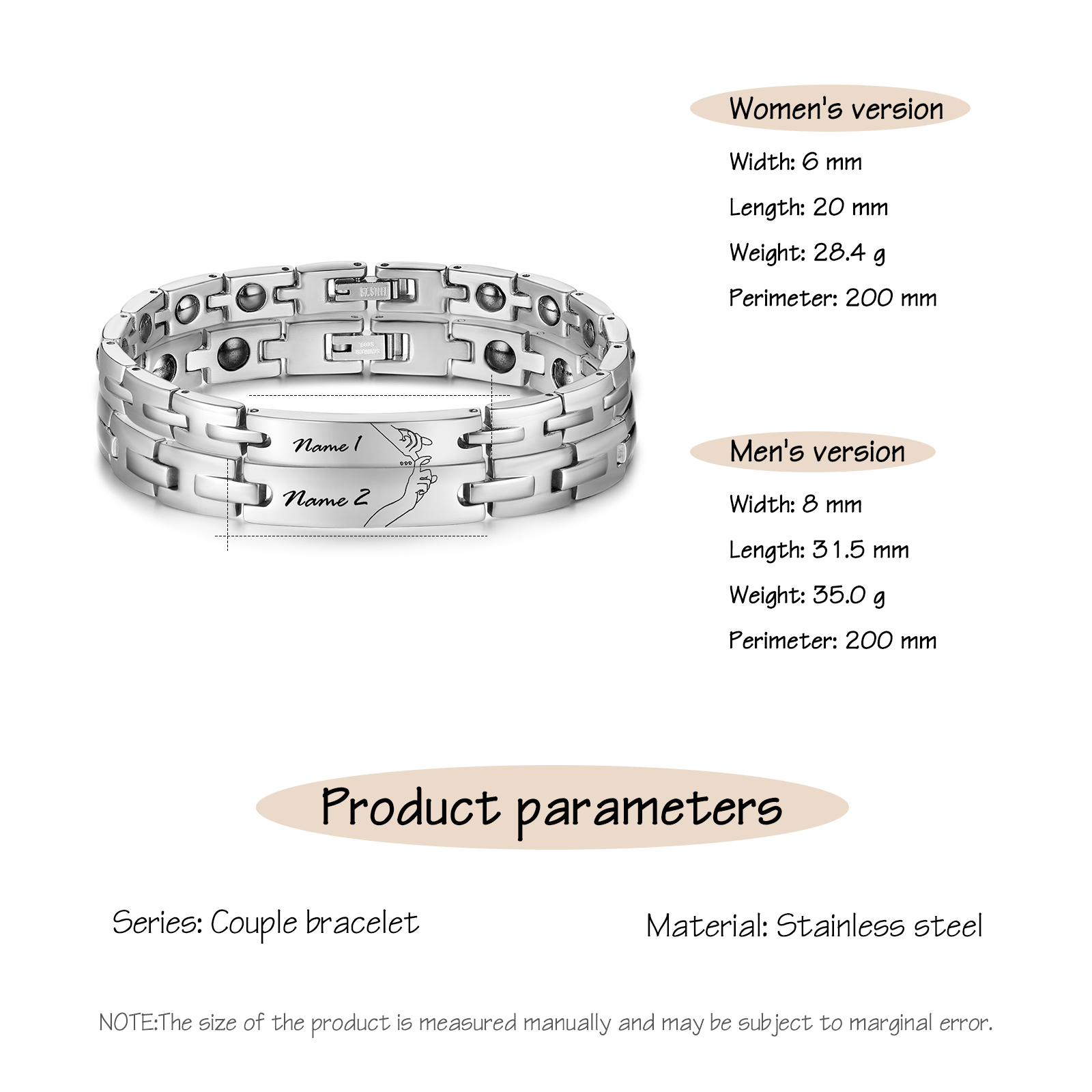 Bracelet couple 2PCS la main dans la main avec 2 Prénoms Personnalisés Bracelet en Commun | Jessemade