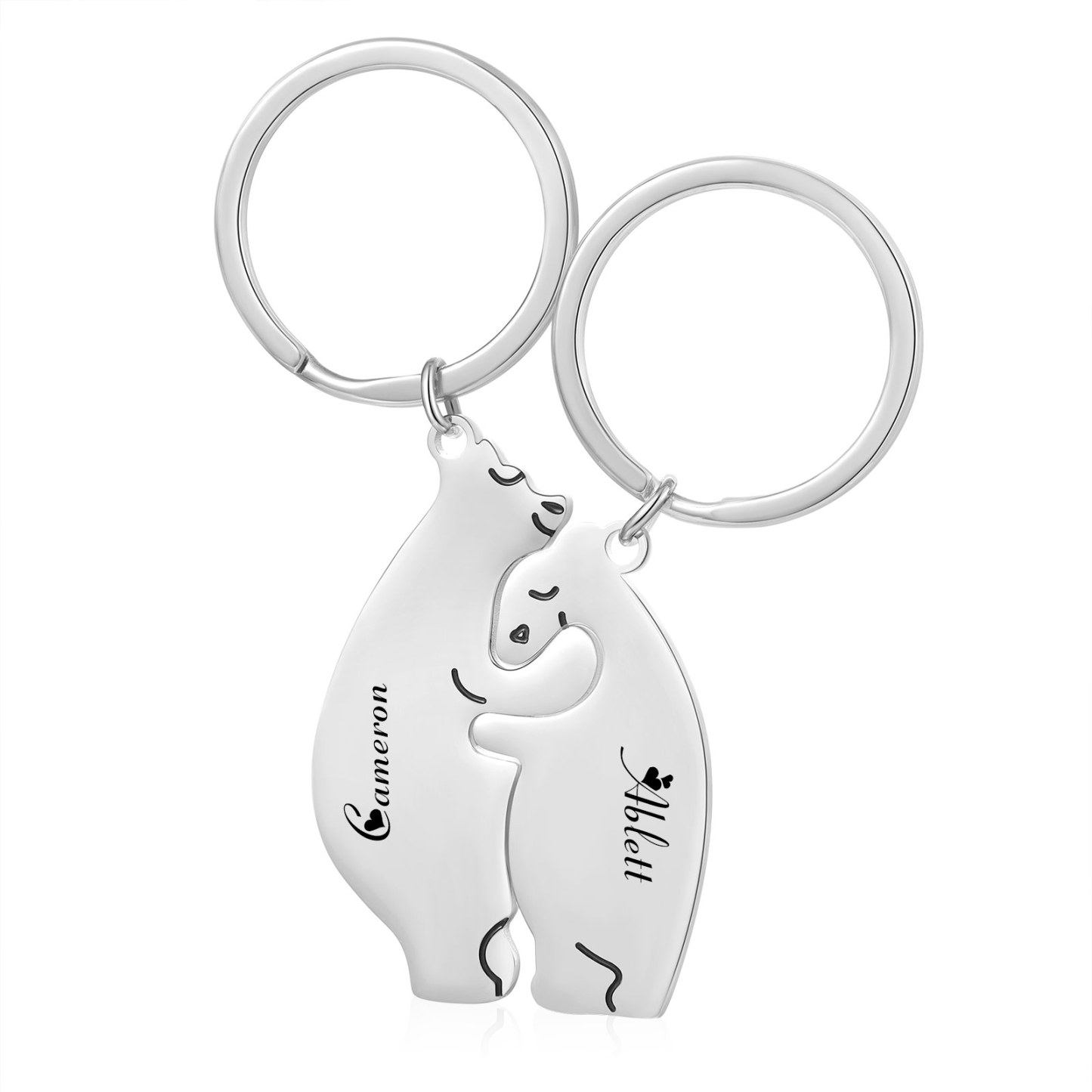 2PCS Porte-Clés Ours Couple 2 Prénoms Personnalisés