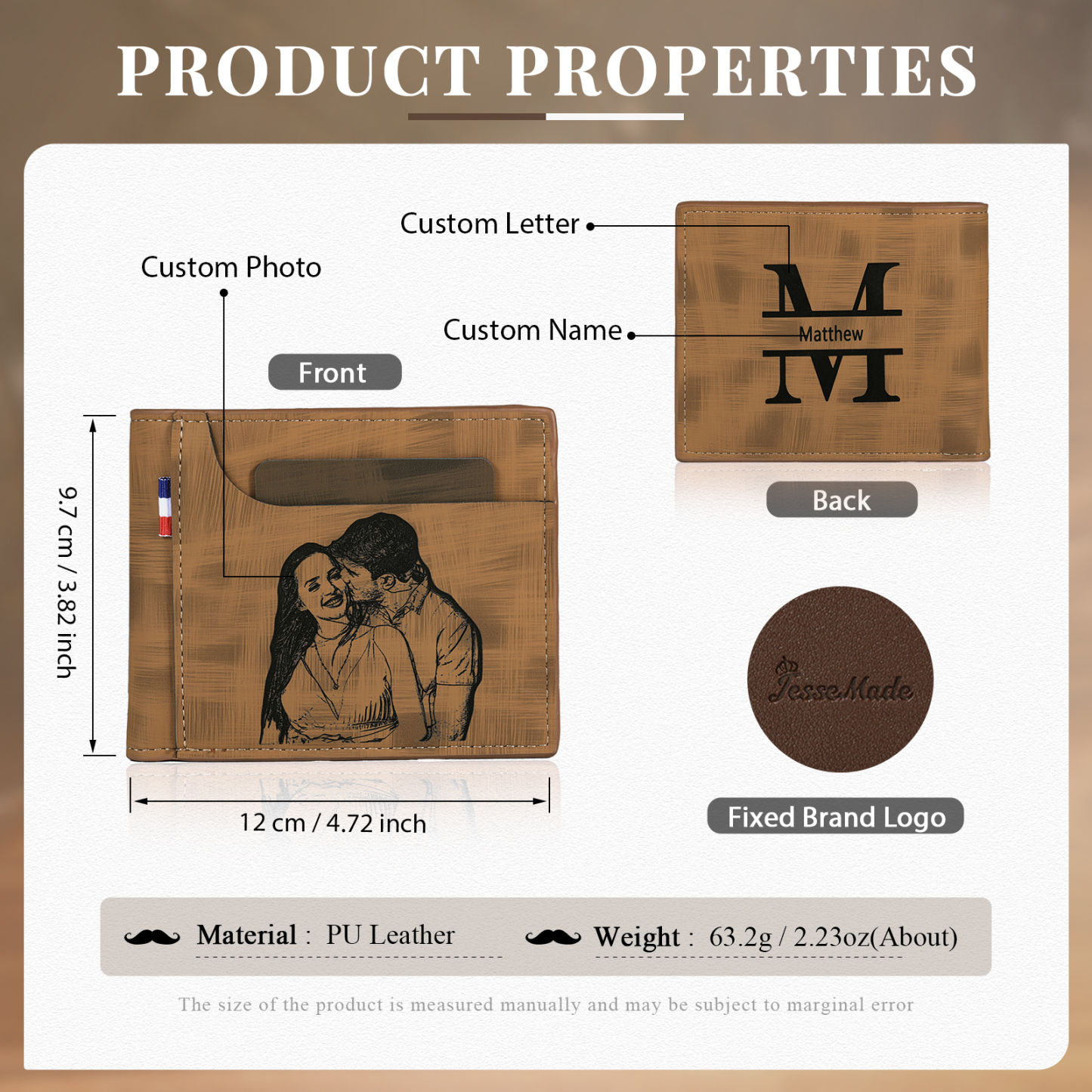 Portefeuille Classique 1 Prénom et Lettre Personnalisés avec Photo Porte-Monnaie Carte