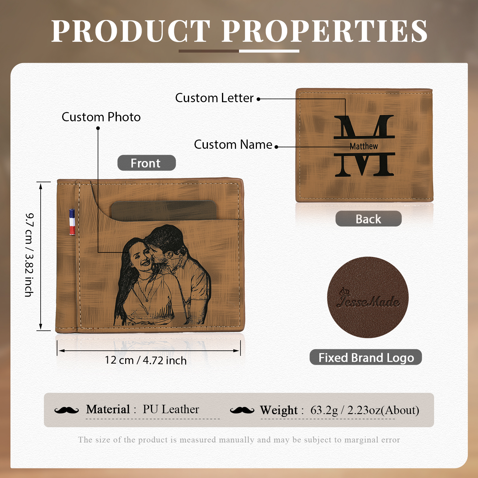 Portefeuille Classique 1 Prénom et Lettre Personnalisés avec Photo Porte-Monnaie Carte