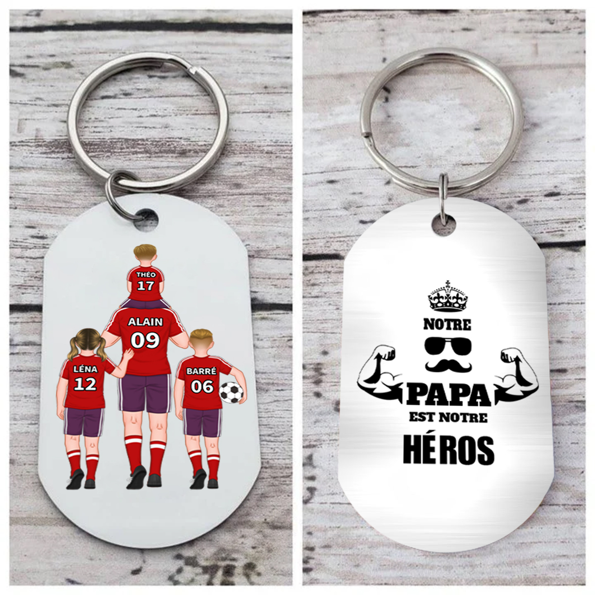 À mon Papa - Porte-Clés Famille du Football 2-4 Prénoms Personnalisés