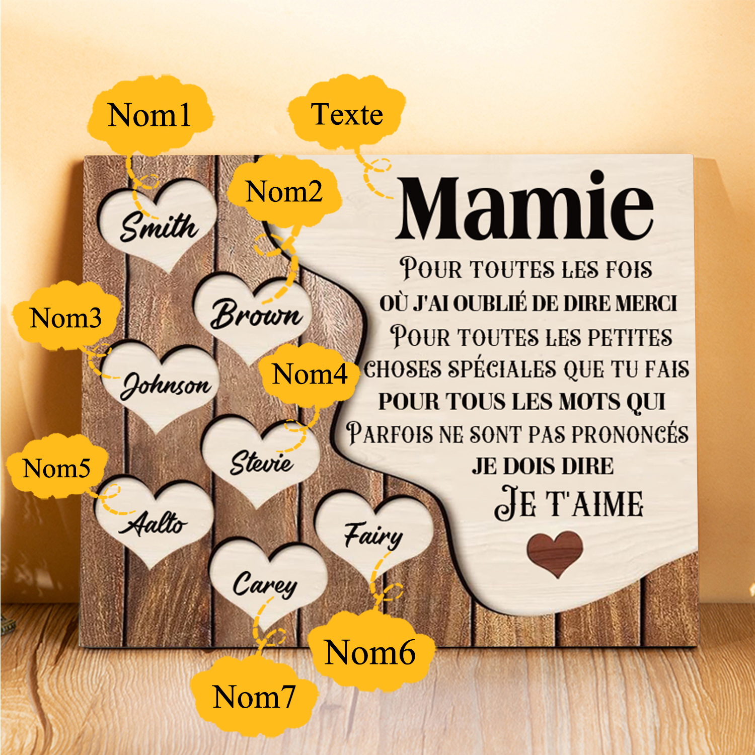 À ma Maman/Mamie - Cadre en Bois 7 Prénoms Personnalisés avec Texte Cadeau pour Famille