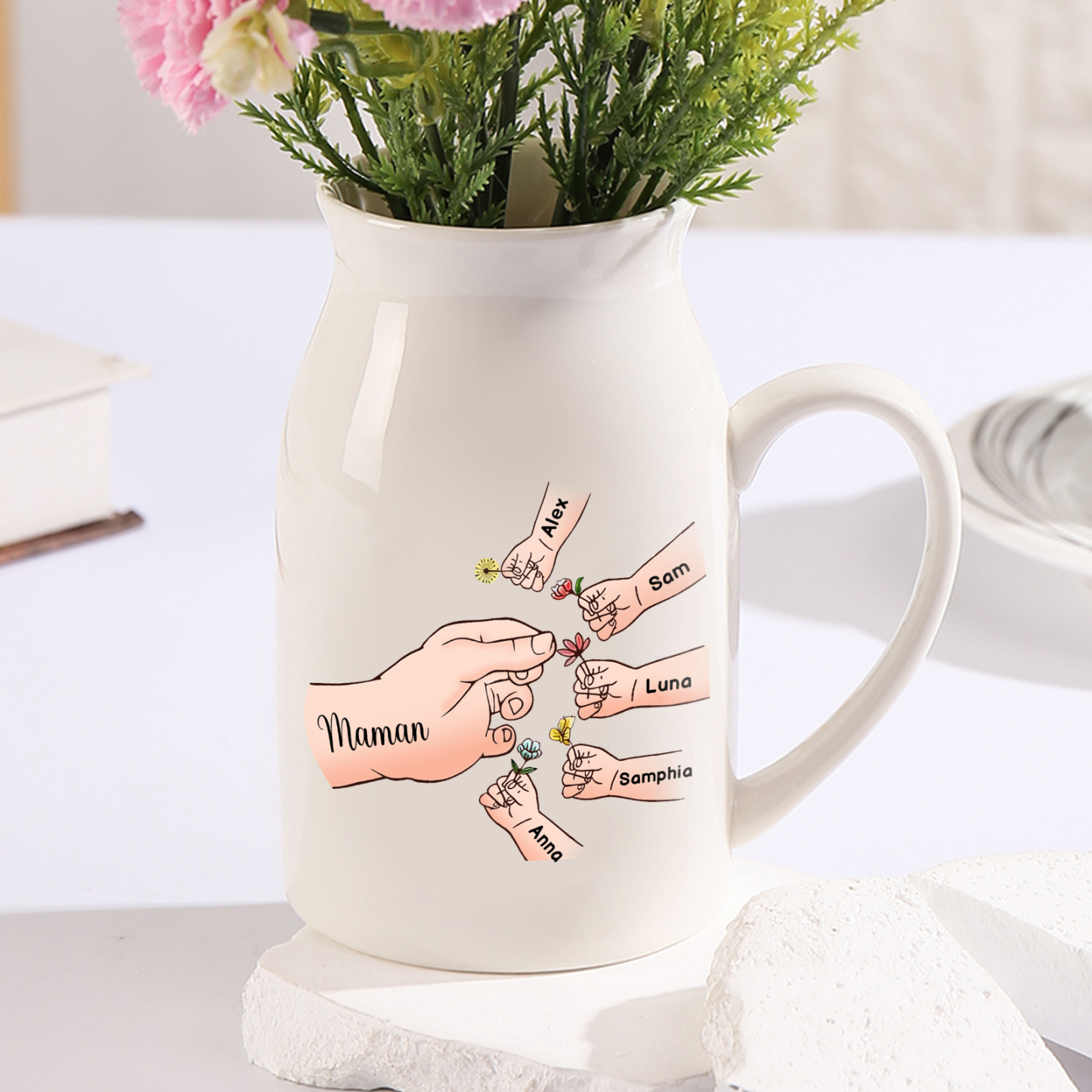 Vase à Fleurs Mains et Enfants 6 Prénoms Personnalisés Décoration de la Maison