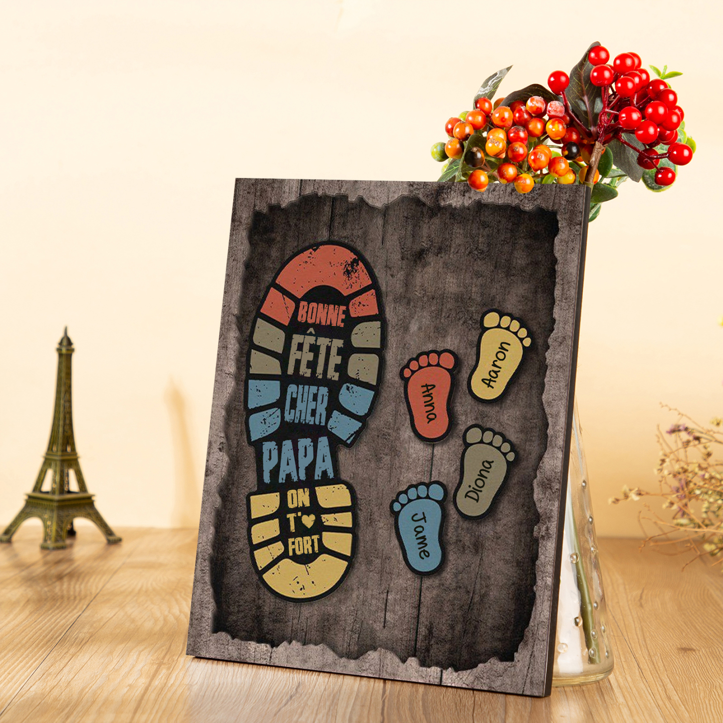 À Mon Papa-Cadre en Bois Pieds Bébé 4 Prénoms Personnalisés