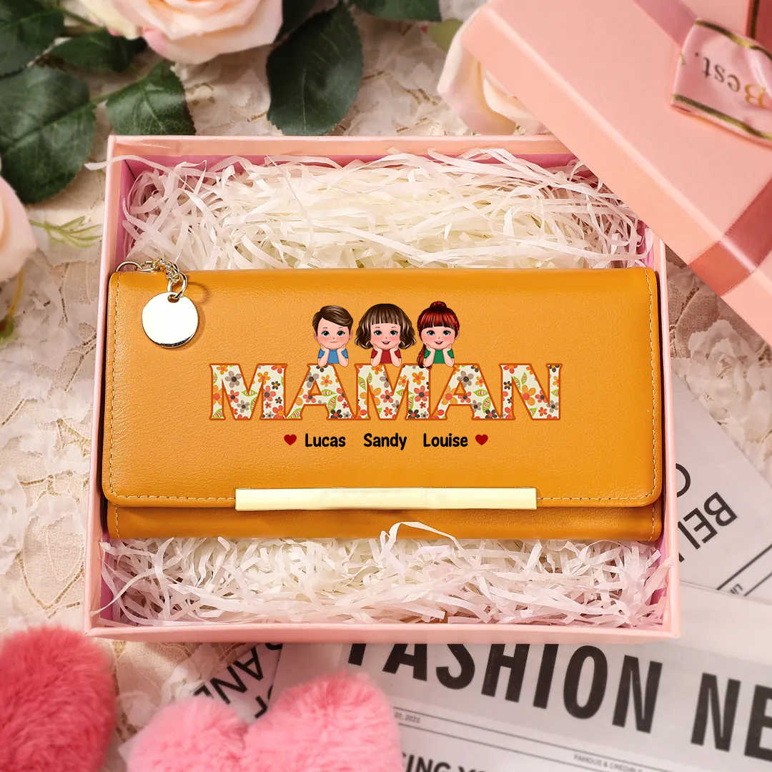 À ma Maman -Portefeuille Personnalisé avec 1-6 Prénoms d'Enfants Porte-Monnaie en Rose/Bleu/Jaune Cadeau pour Maman| Jessemade