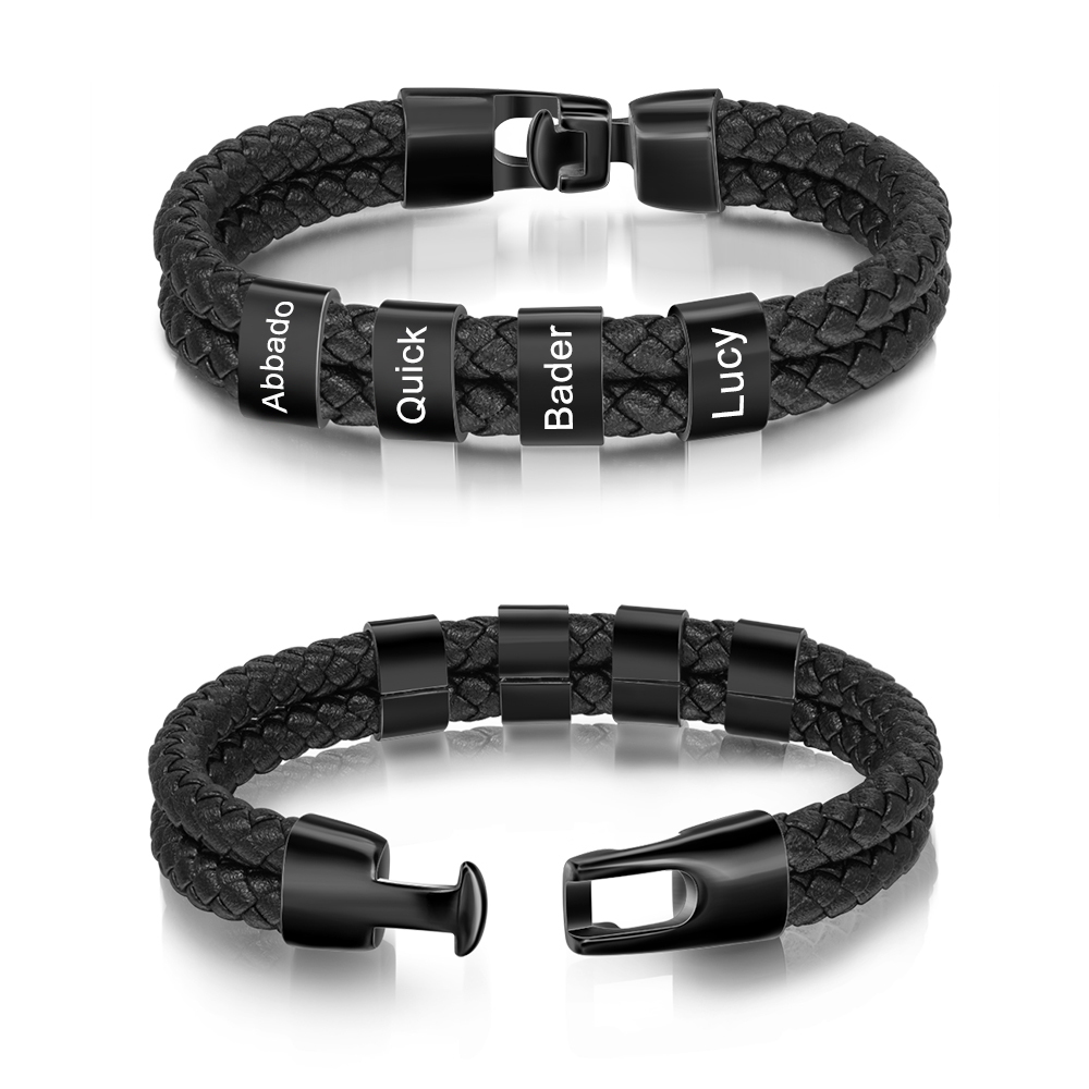 À mon Papa - Bracelet Personnalisé Homme Bracelet Cuir tressé 4 Perles et Prénoms Personnalisés|Jessemade