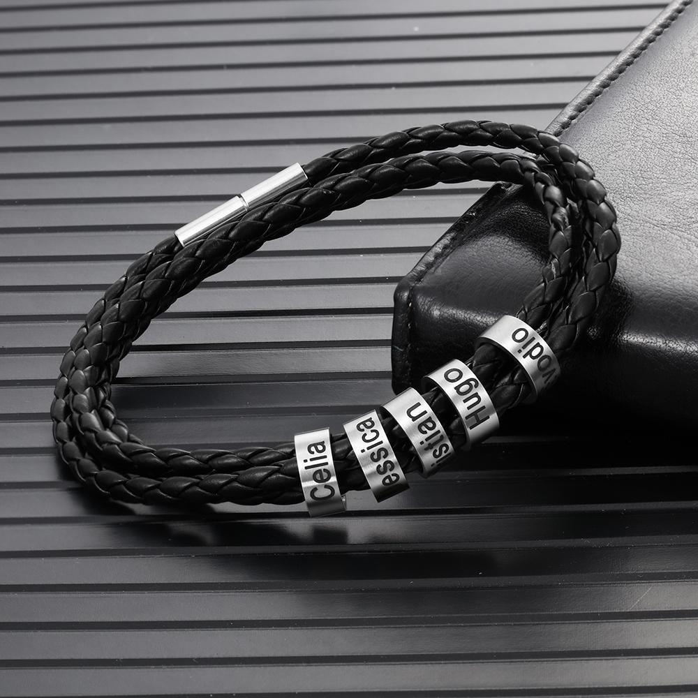 Bracelet Cuir tressé Bracelet Prénom Personnalisé  Avec 5 Perles pour Homme｜Jessemade