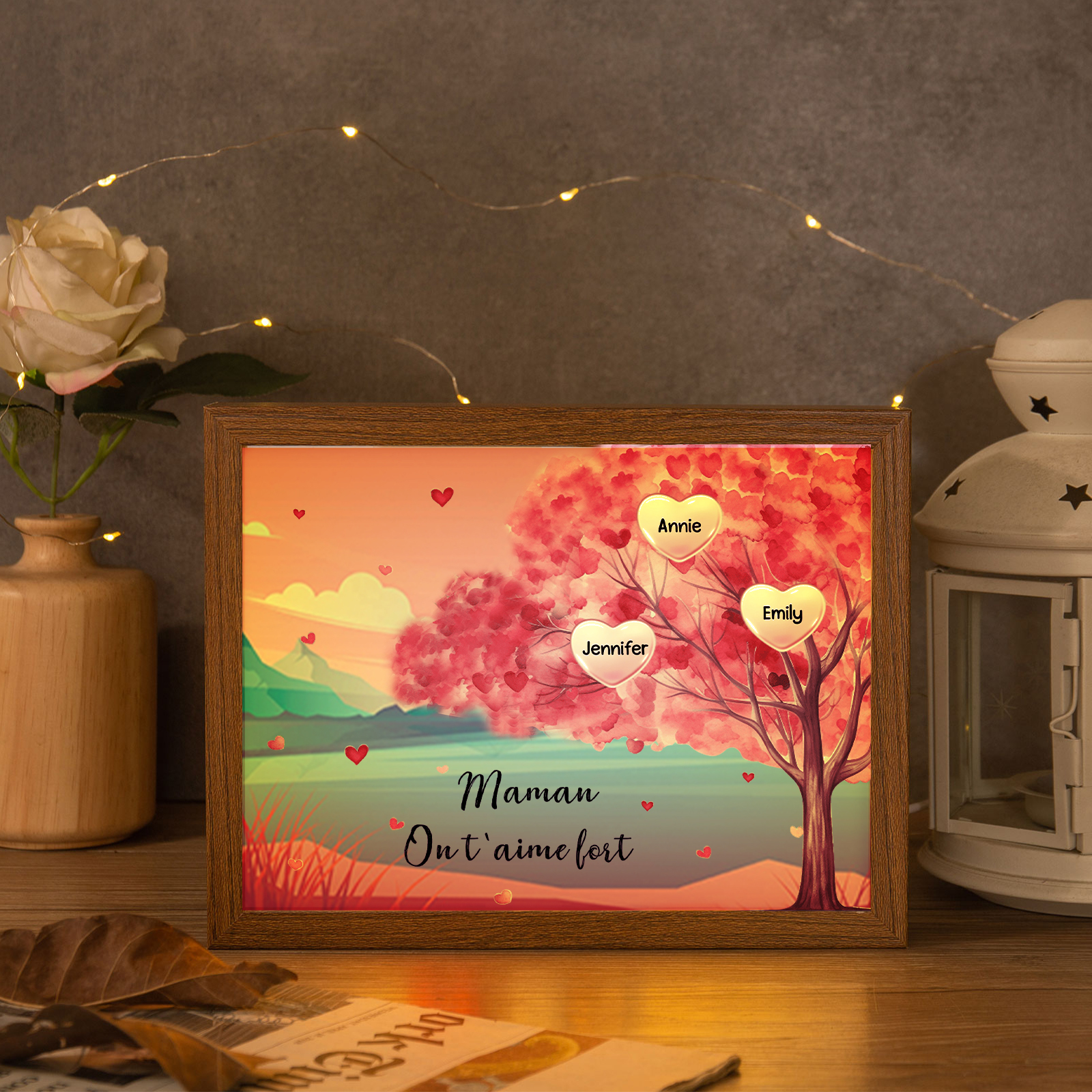 Cadre Photo LED Arbre 3 Prénoms Personnalisés avec 1 Texte Décoration Famille