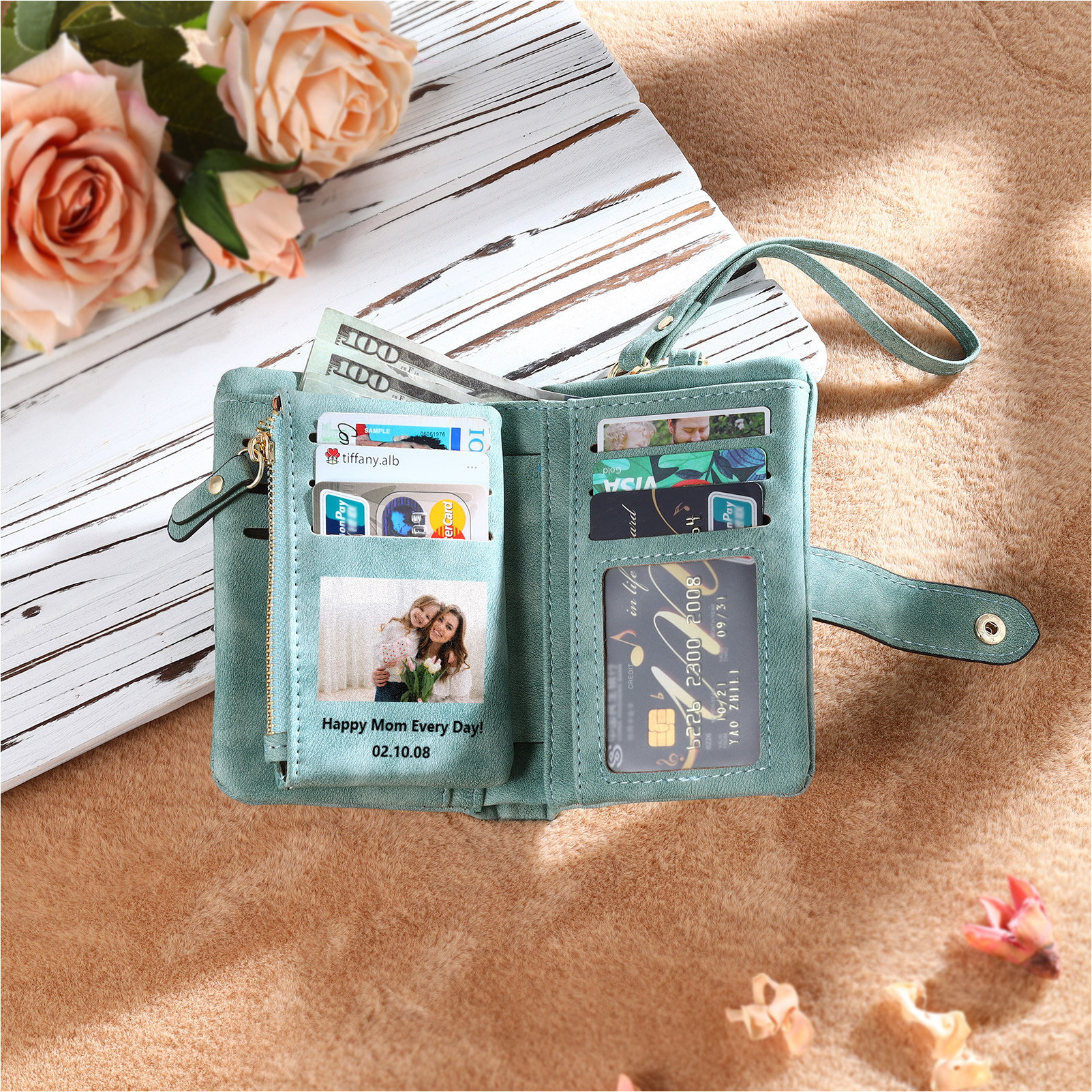 Portefeuille Fleur 1 Prénom et Lettre Personnalisés avec Photo et Texte Porte-Monnaie Carte pour Femmes