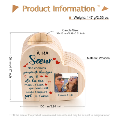 À Ma Sœur - Bougeoir en Bois 2 Prénoms Personnalisés avec Photo sans bougie