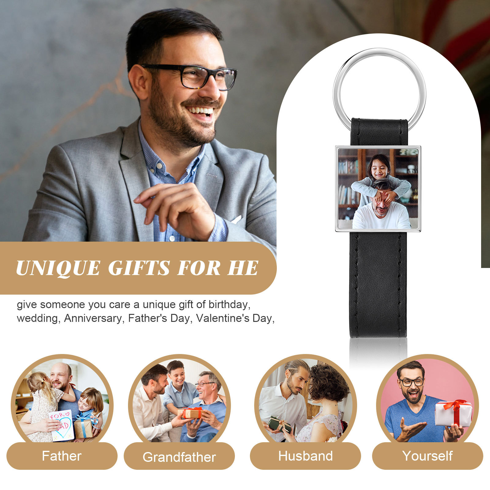 Porte-Clés Cuir PU Carré Photo Personnalisée Porte-Clés Homme