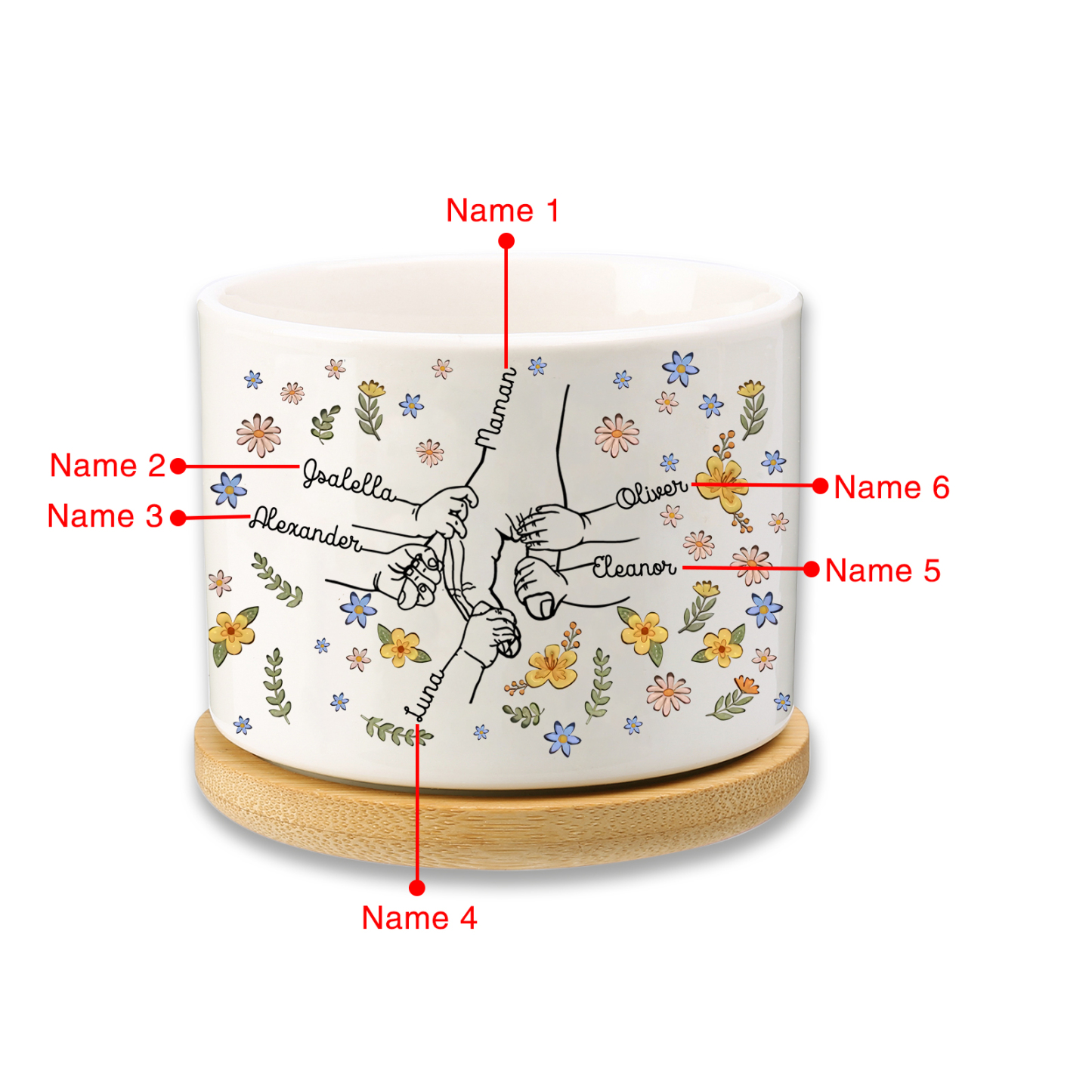 Vase/Pot de Fleurs la main dans la main 6 Prénoms Personnalisés Décoration de la Maison (sans plantes)