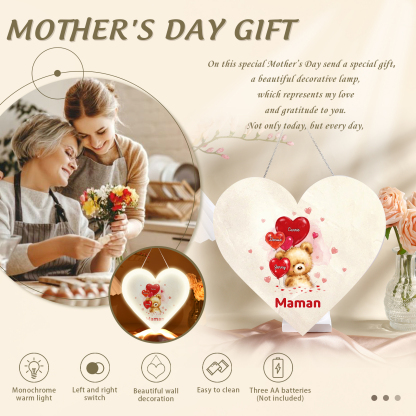 À Maman/Mamie - Veilleuse Cœur Décoration Ours 3 Prénoms Personnalisés avec 1 Texte
