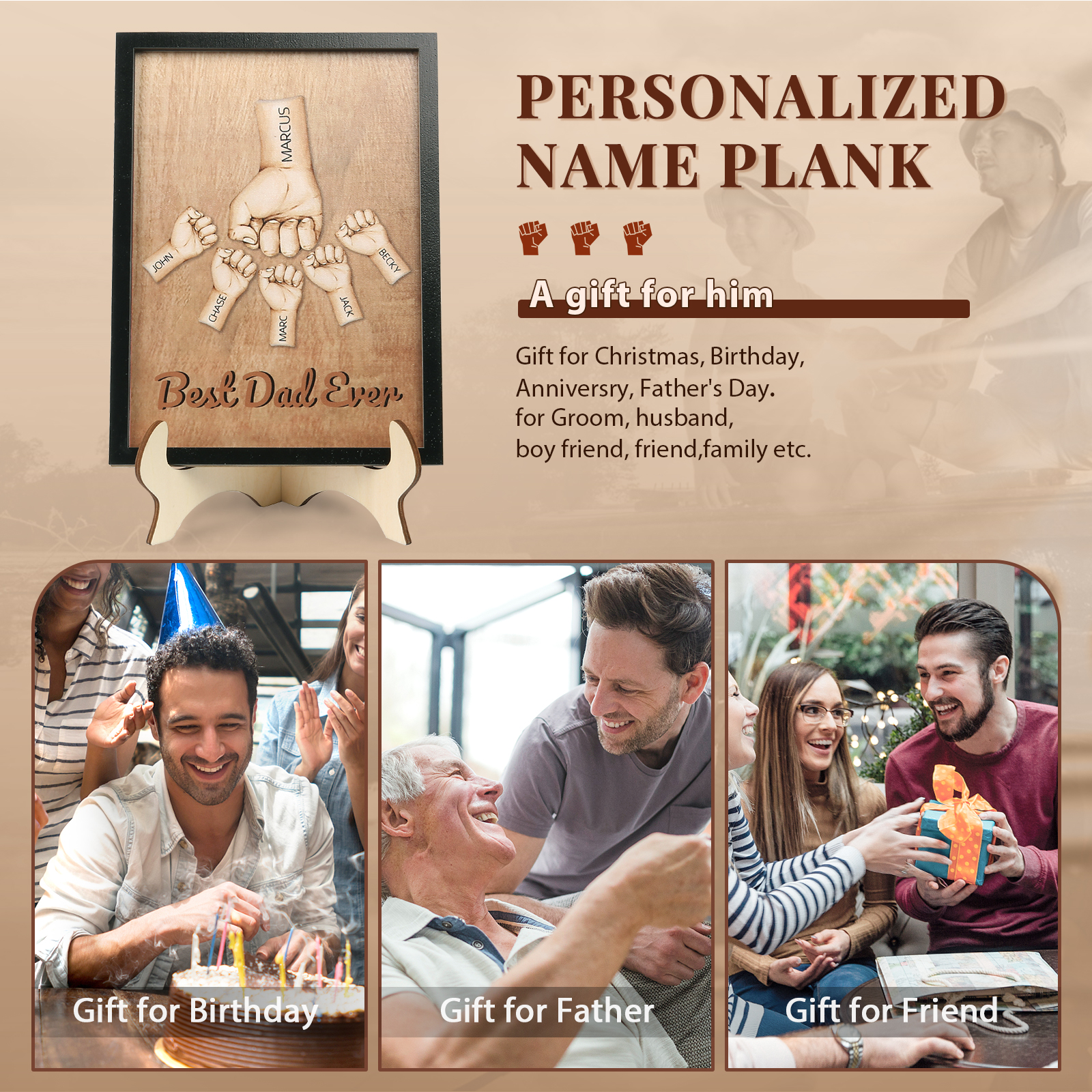 Décoration en bois Poings 6 Prénoms et 1 Texte Personnalisés Ornement Famille