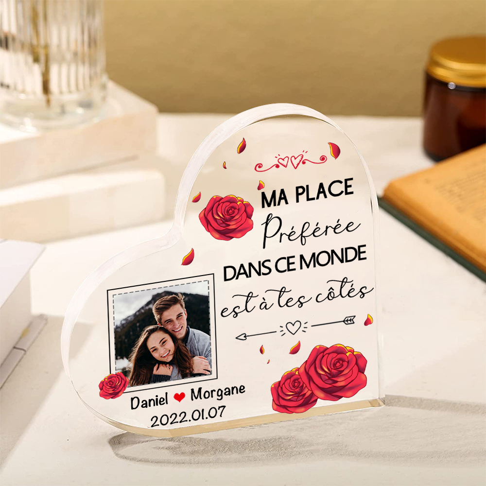 Plaque Acrylique en Forme de Coeur 2 Prénoms avec Photo et Date Personnalisées