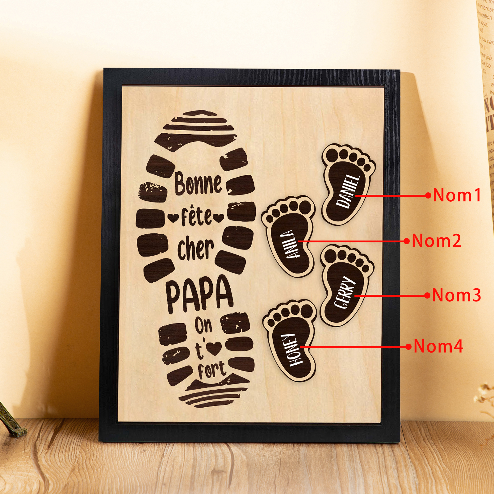 À Mon Papa-Cadre en Bois Pieds Bébé 4 Prénoms Personnalisés