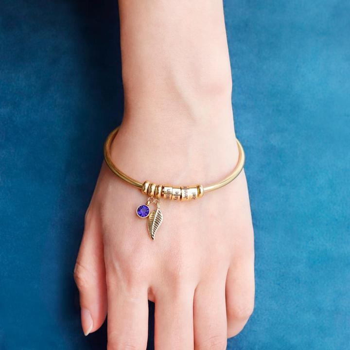 Bracelet jonc breloque feuille 6 prénom personnalisé