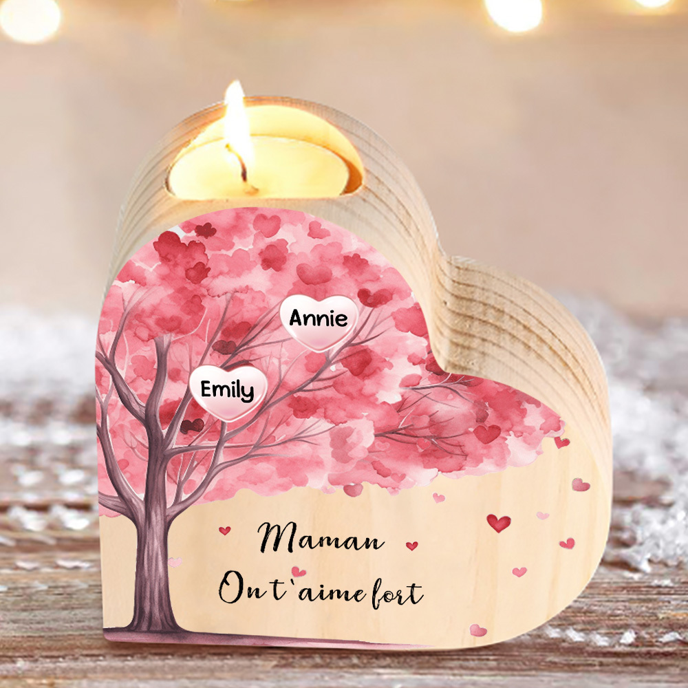 À Ma Maman/Mamie - Bougeoir en Bois Arbre 2 Prénoms et 1 Texte Personnalisés pour Famille sans bougie