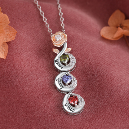 Collier de rose 3 Prénoms Personnalisé avec 3 pierres de naissance