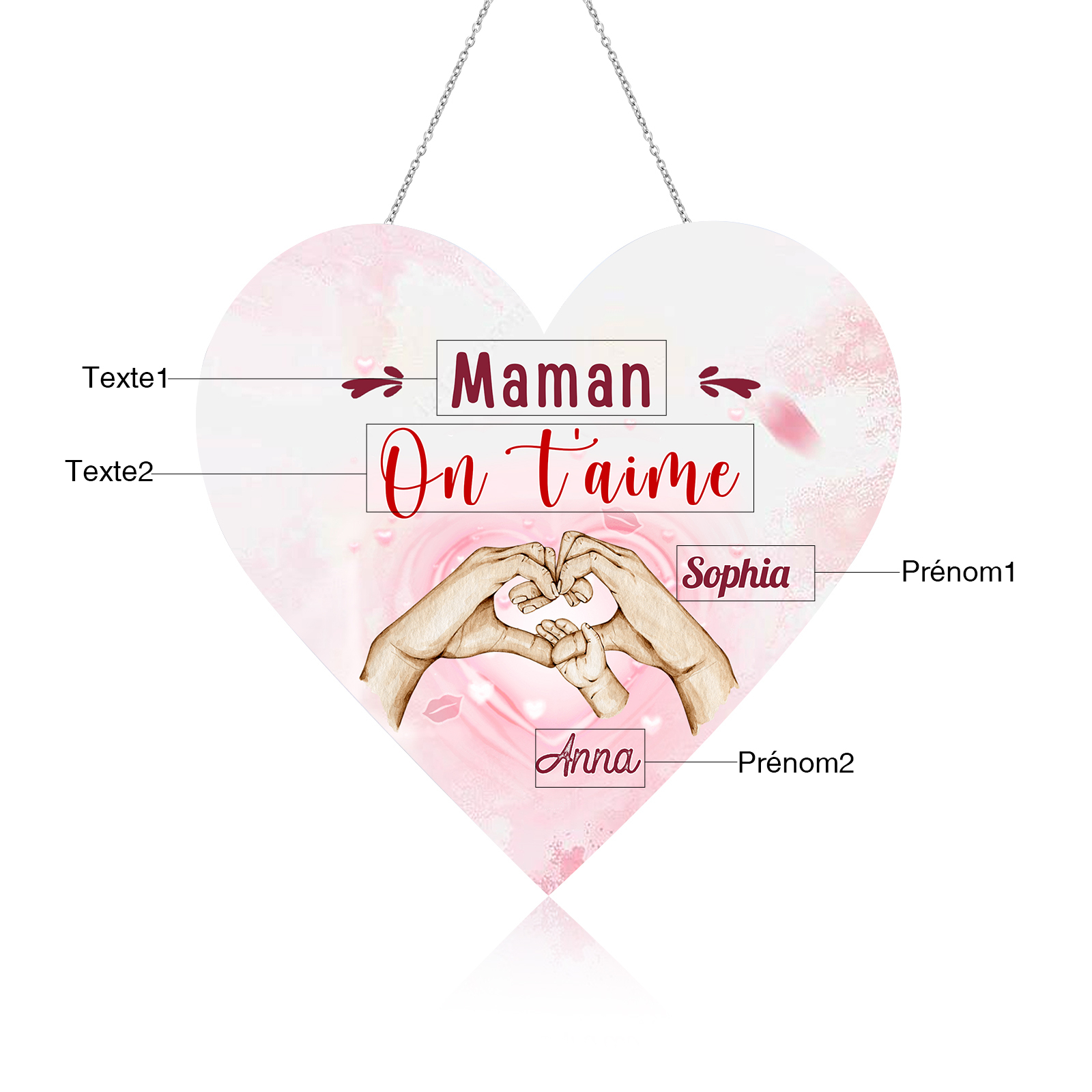 À Maman/Mamie - Veilleuse Cœur Décoration Mains et Enfants 2 Prénoms Personnalisés avec Texte