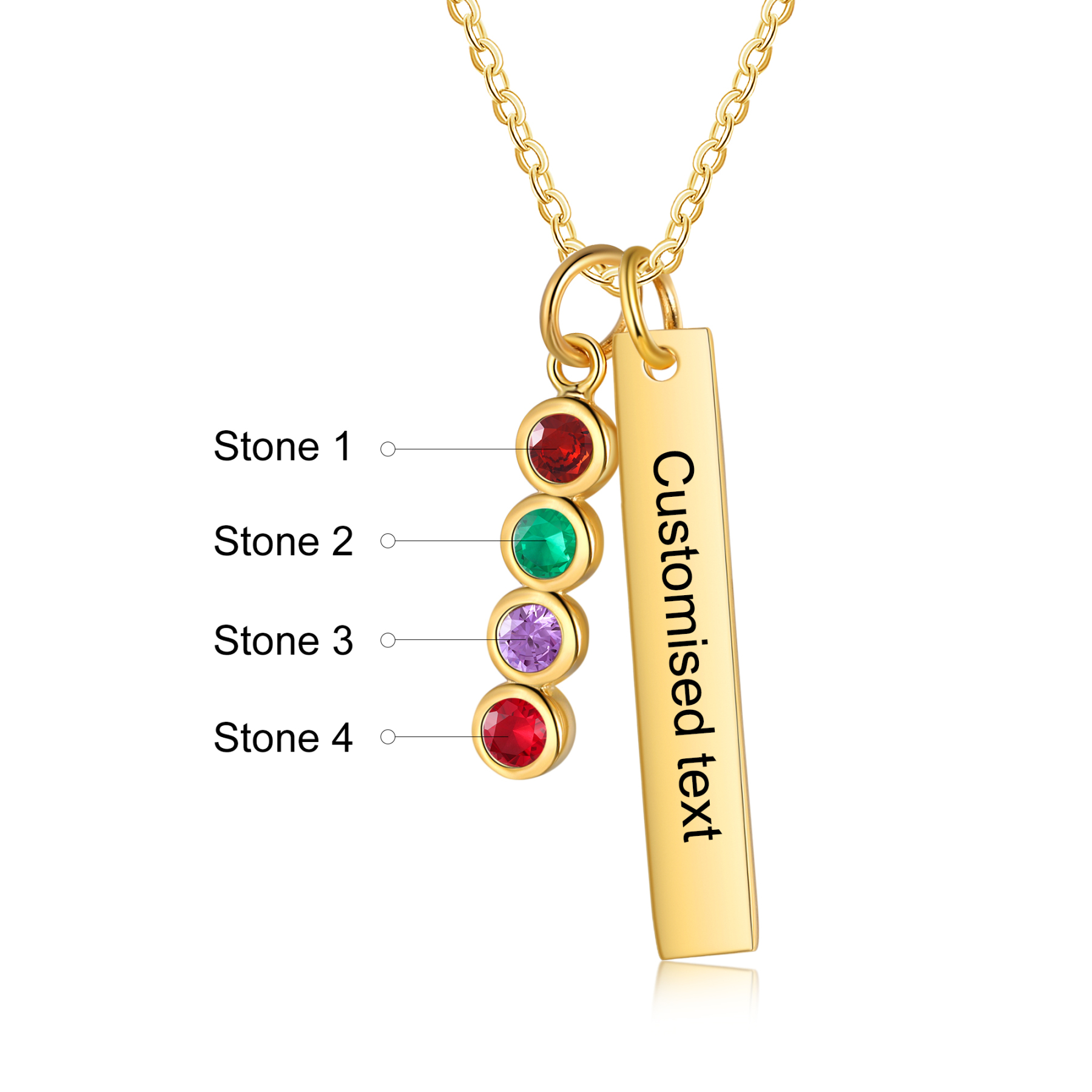 Collier Barre 1 Texte Personnalisé avec 4 Pierres de naissance Collier Femmes