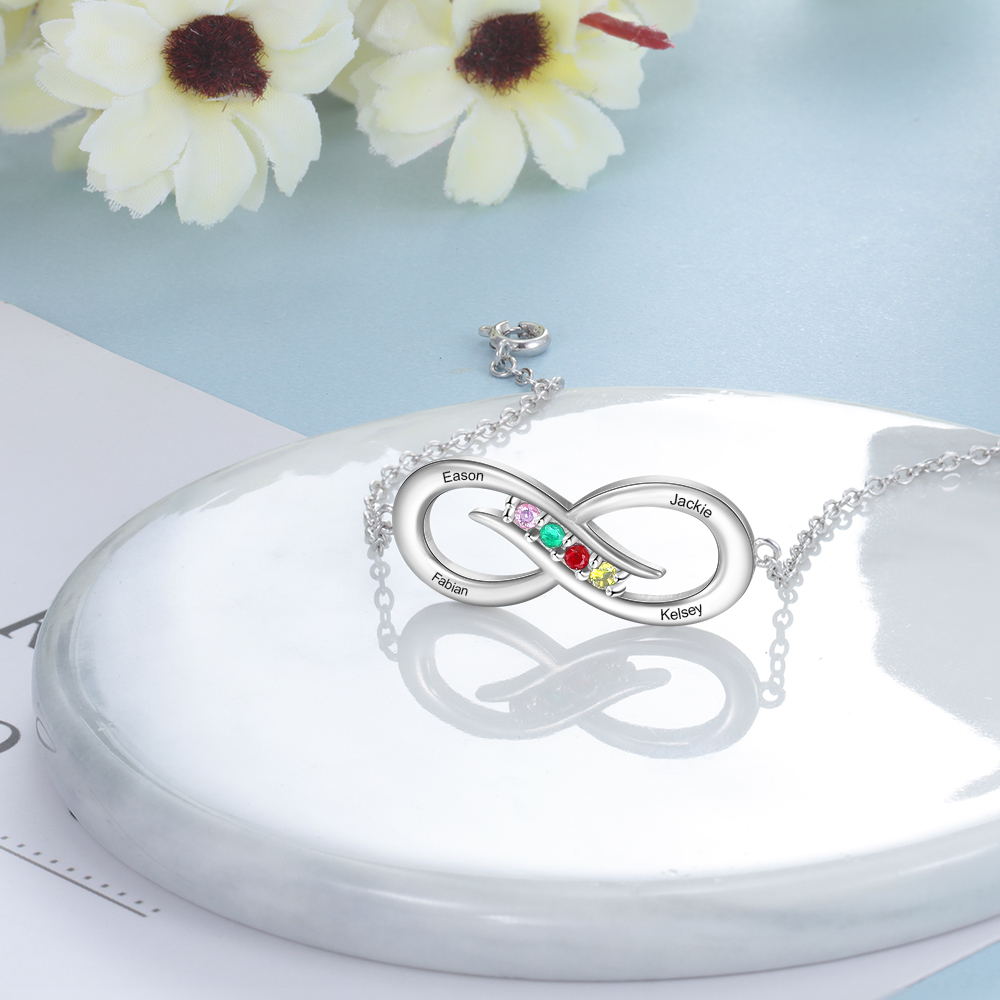 Bracelet infini 4 Prénom Personnalisé avec 4 Pierre de Naissance