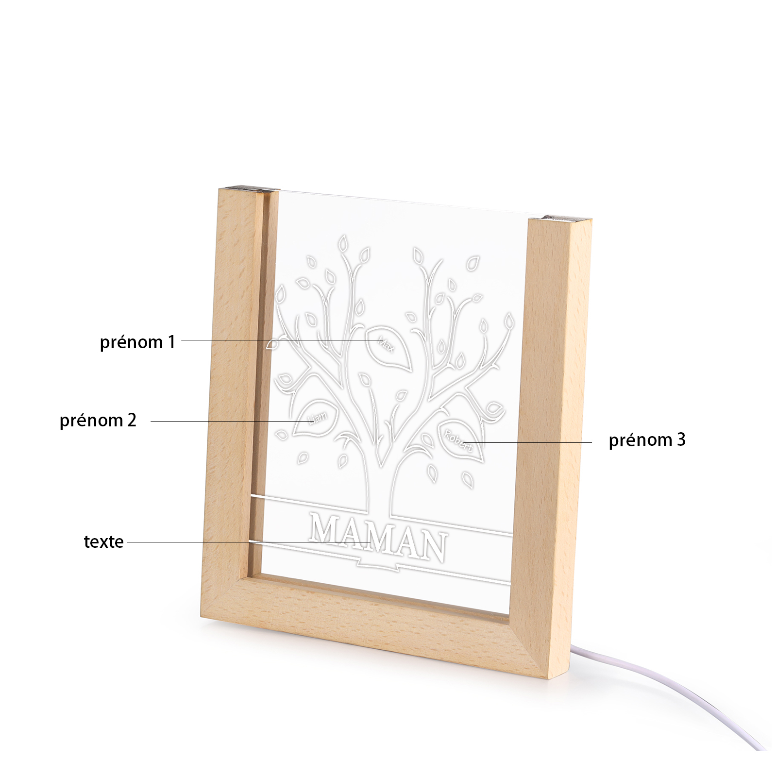 À Maman/Mamie - Lampe de chevet LED Arbre 3 Prénoms Personnalisés avec 1 Texte
