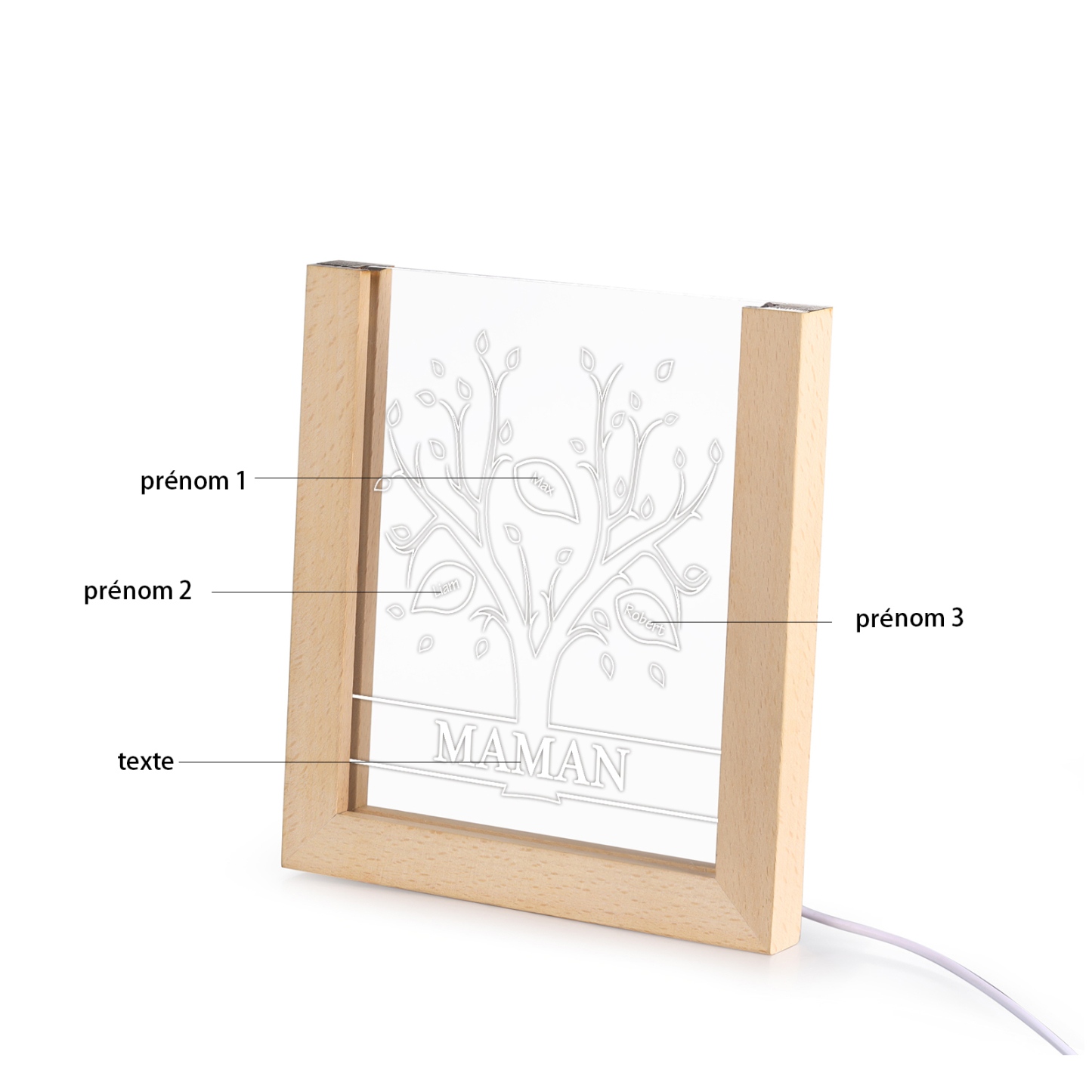 À Maman/Mamie - Lampe de chevet LED Arbre 3 Prénoms Personnalisés avec 1 Texte